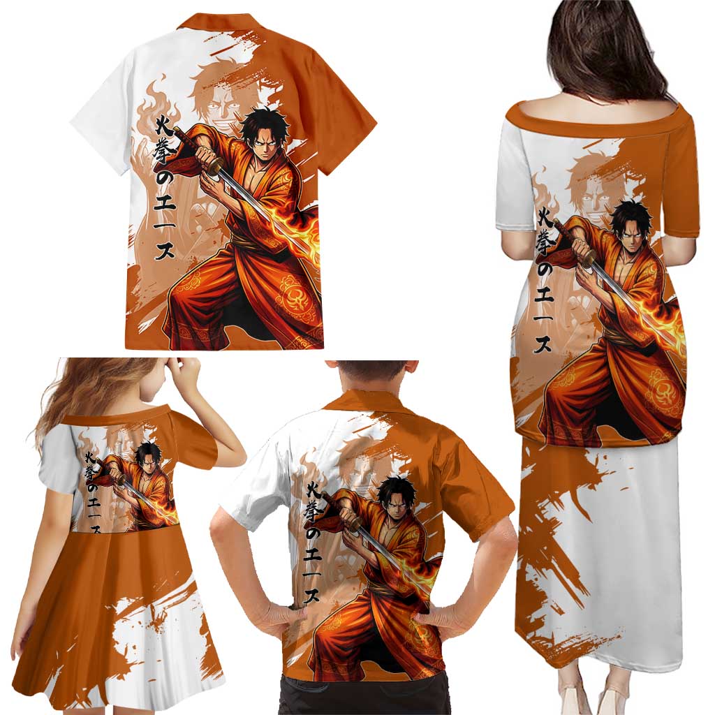 Wano Samurai Portgas D. Ace Family Matching Puletasi and Hawaiian Shirt Fiery One Piece Brush Art