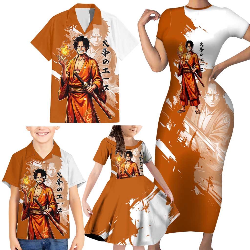 Wano Samurai Portgas D. Ace Family Matching Short Sleeve Bodycon Dress and Hawaiian Shirt Fiery One Piece Brush Art