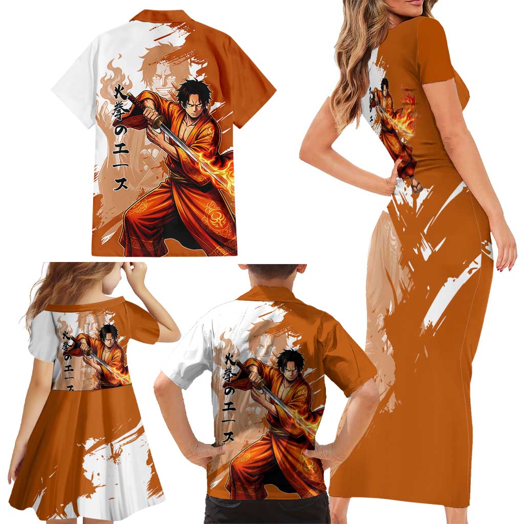 Wano Samurai Portgas D. Ace Family Matching Short Sleeve Bodycon Dress and Hawaiian Shirt Fiery One Piece Brush Art