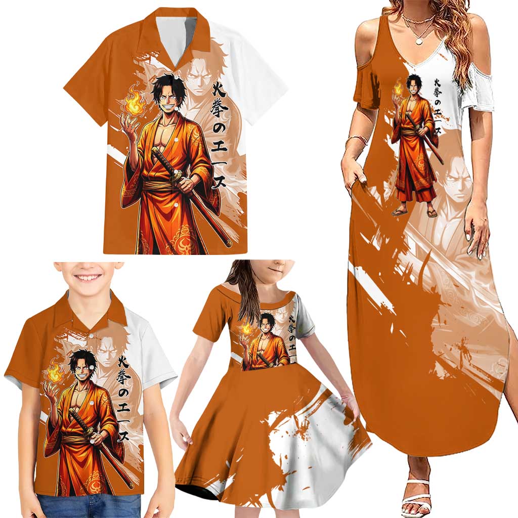 Wano Samurai Portgas D. Ace Family Matching Summer Maxi Dress and Hawaiian Shirt Fiery One Piece Brush Art
