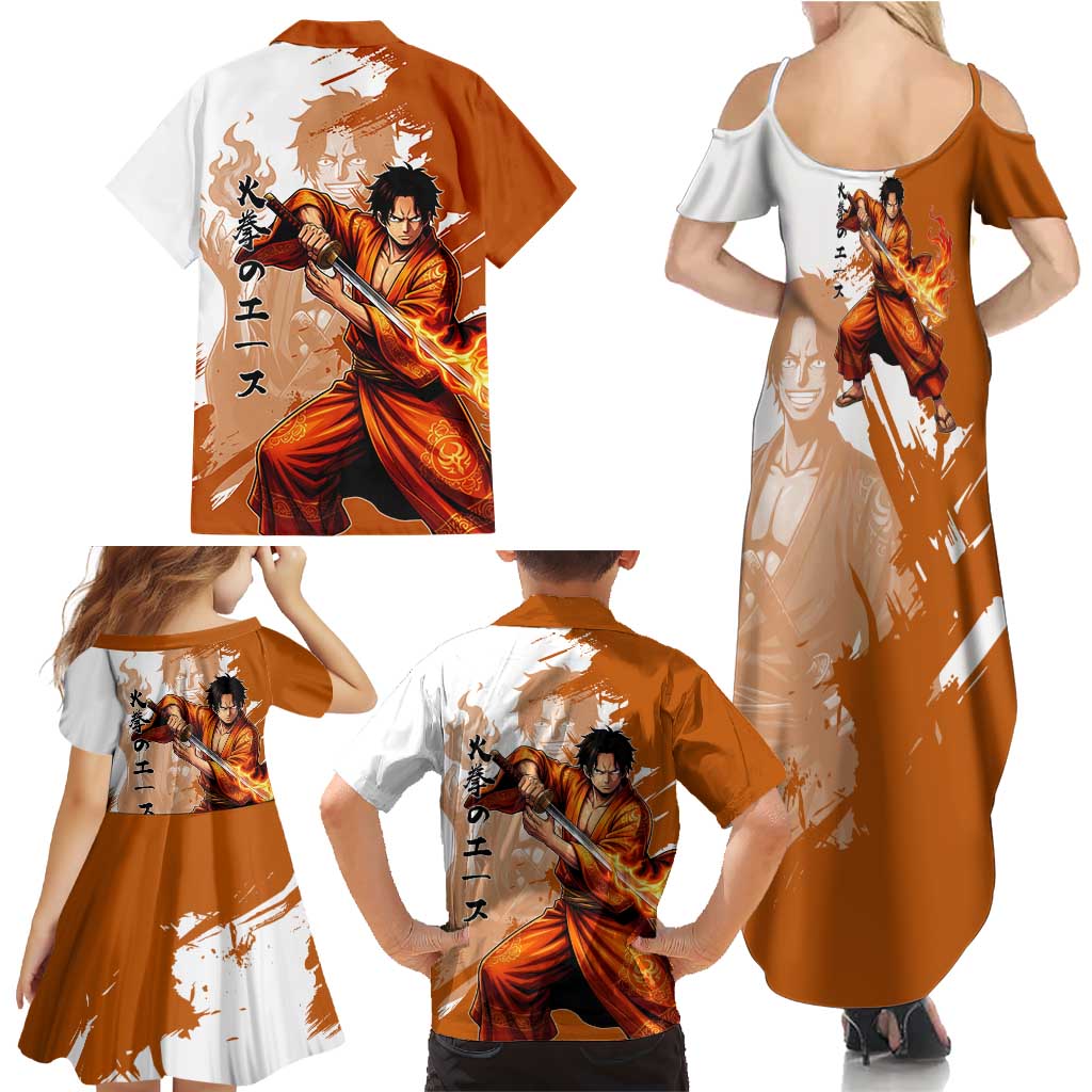 Wano Samurai Portgas D. Ace Family Matching Summer Maxi Dress and Hawaiian Shirt Fiery One Piece Brush Art