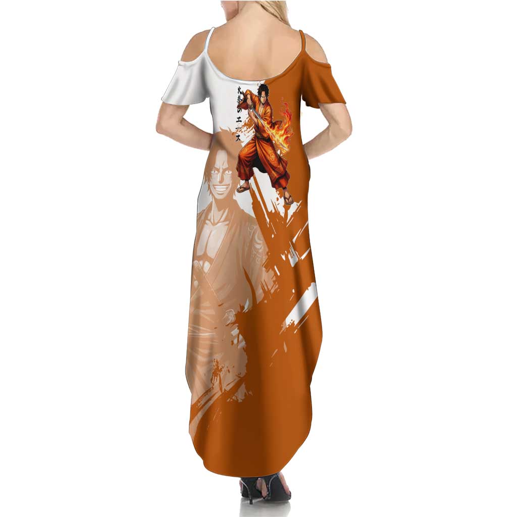 Wano Samurai Portgas D. Ace Family Matching Summer Maxi Dress and Hawaiian Shirt Fiery One Piece Brush Art