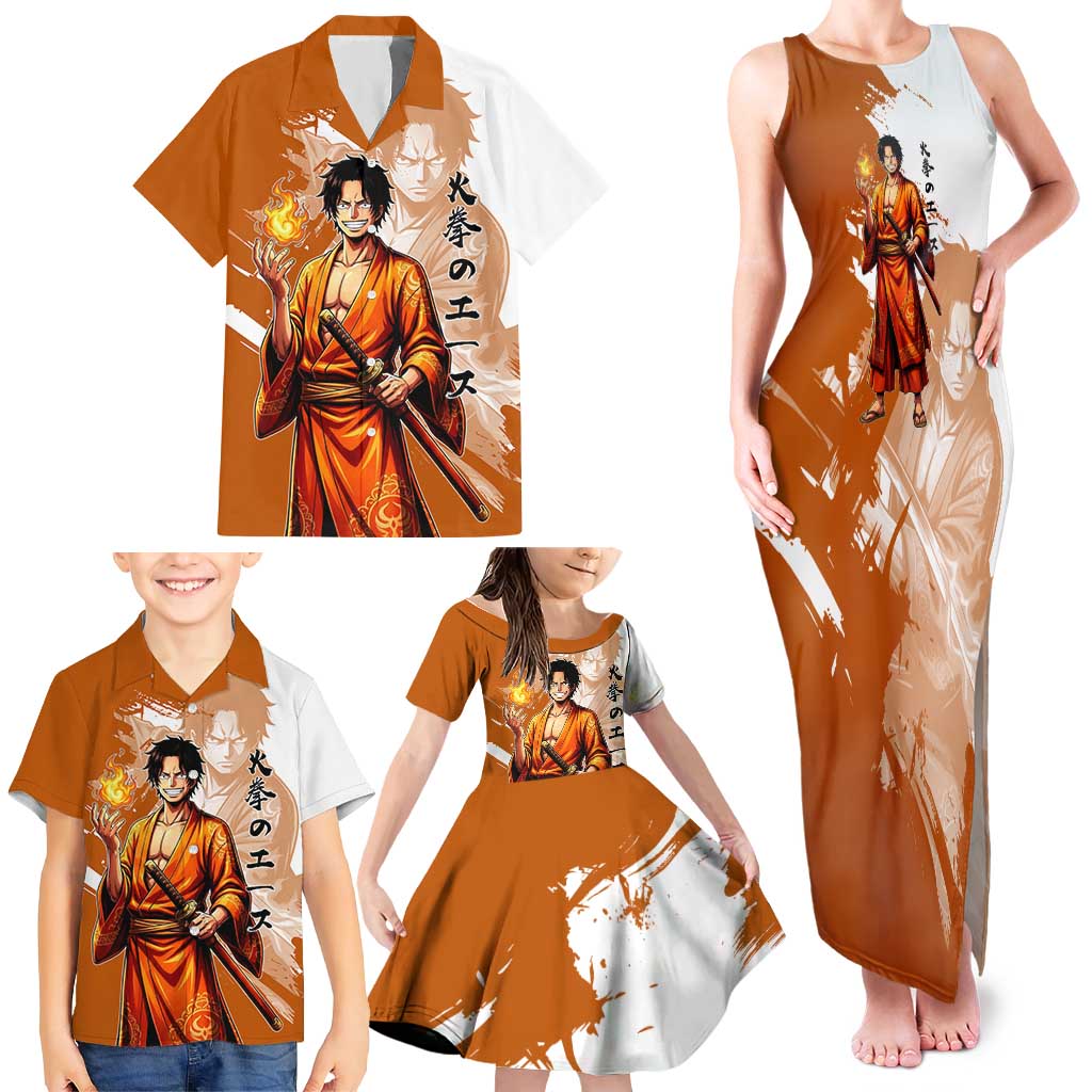Wano Samurai Portgas D. Ace Family Matching Tank Maxi Dress and Hawaiian Shirt Fiery One Piece Brush Art
