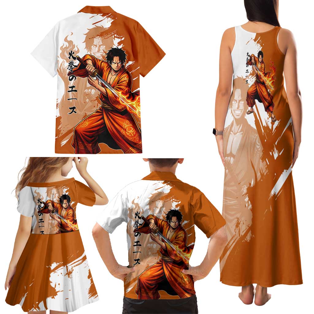 Wano Samurai Portgas D. Ace Family Matching Tank Maxi Dress and Hawaiian Shirt Fiery One Piece Brush Art