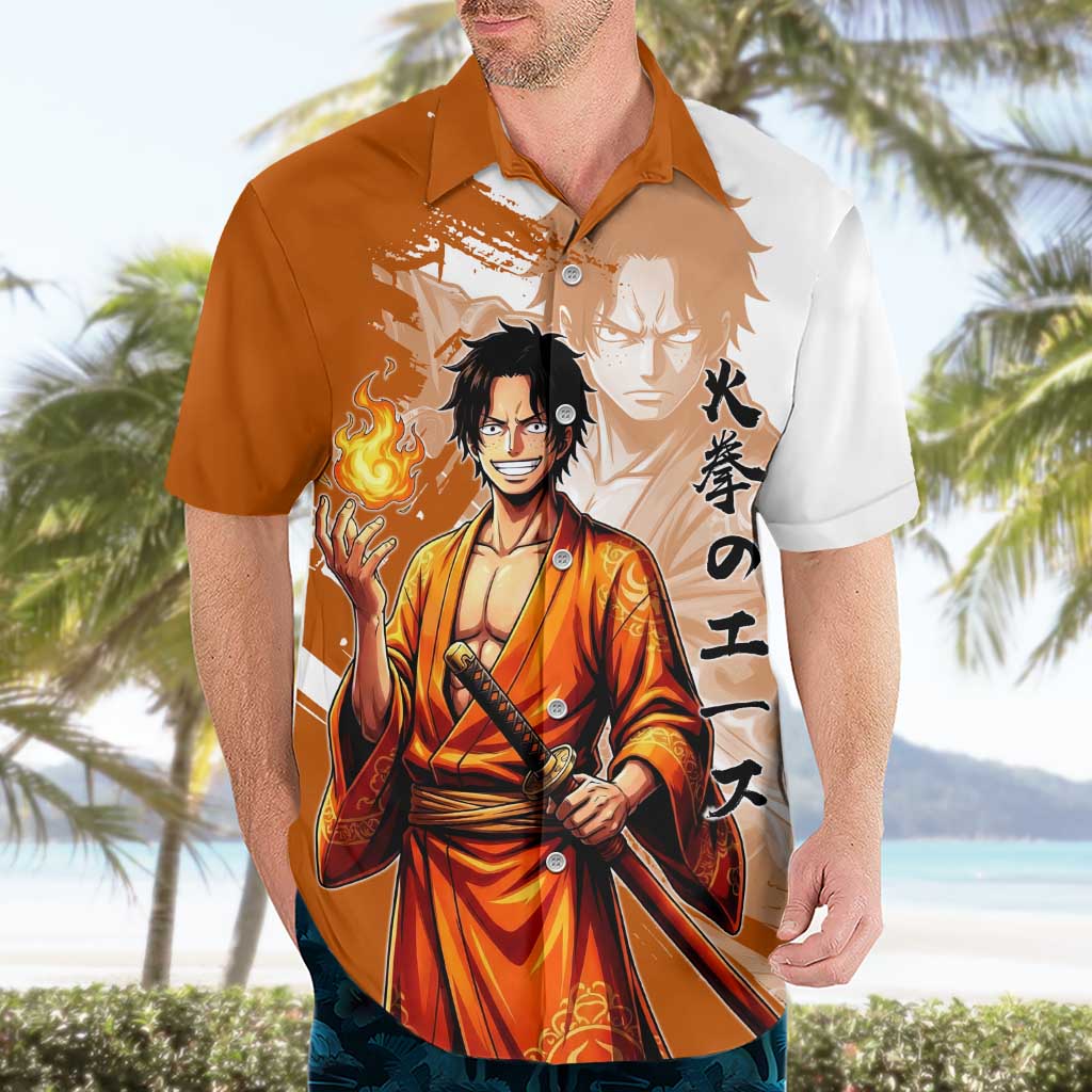 Wano Samurai Portgas D. Ace Hawaiian Shirt Fiery One Piece Brush Art