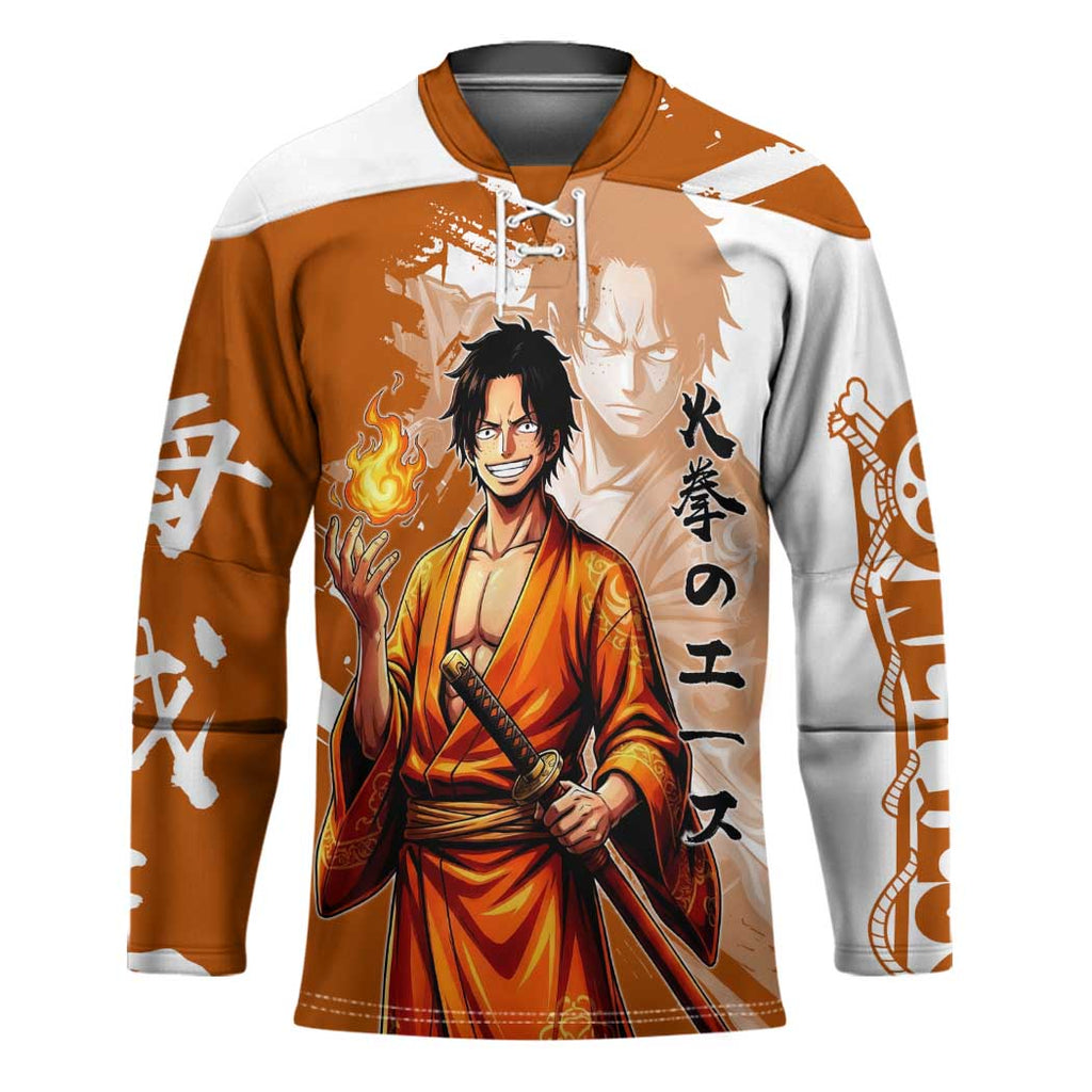 Wano Samurai Portgas D. Ace Hockey Jersey Fiery One Piece Brush Art