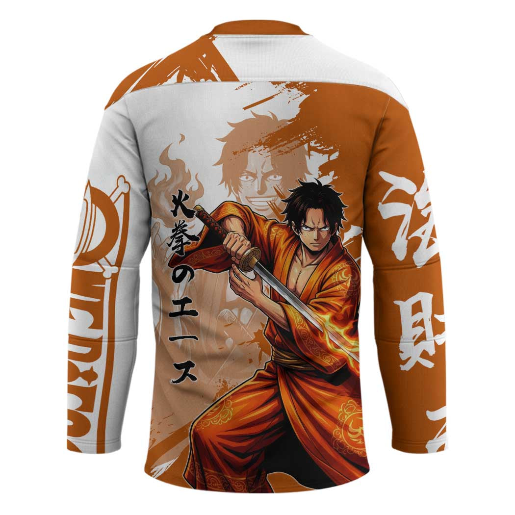 Wano Samurai Portgas D. Ace Hockey Jersey Fiery One Piece Brush Art