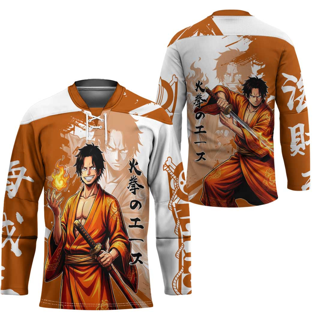 Wano Samurai Portgas D. Ace Hockey Jersey Fiery One Piece Brush Art