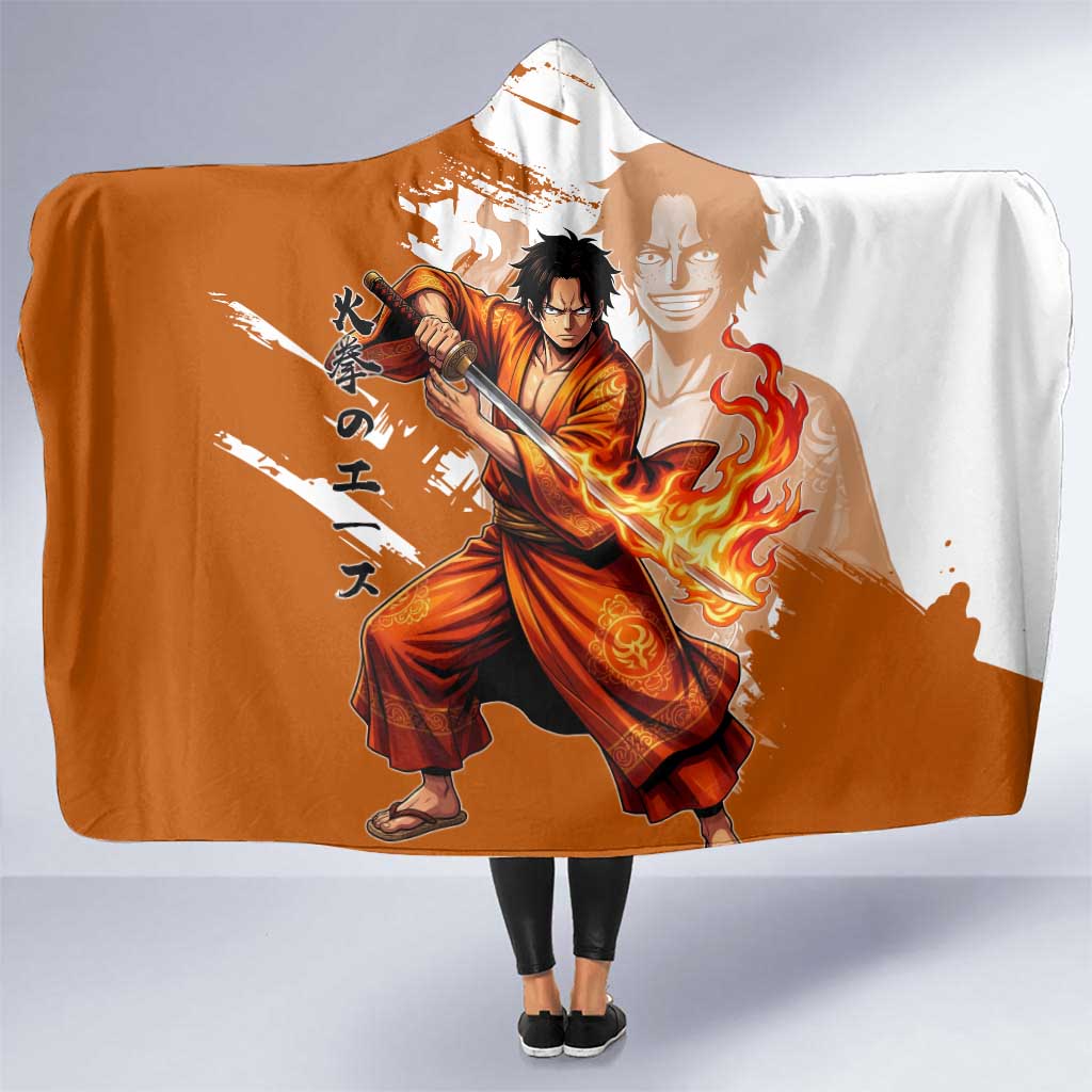Wano Samurai Portgas D. Ace Hooded Blanket Fiery One Piece Brush Art