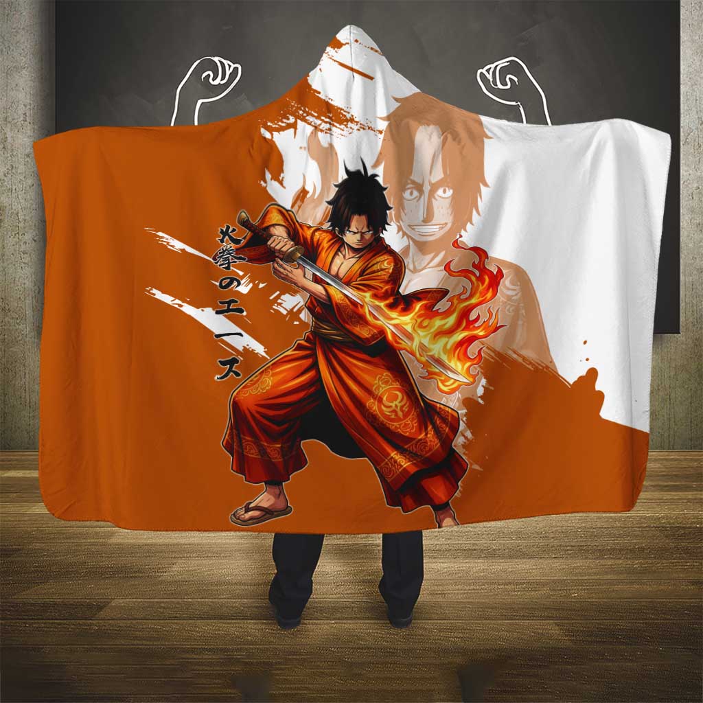 Wano Samurai Portgas D. Ace Hooded Blanket Fiery One Piece Brush Art