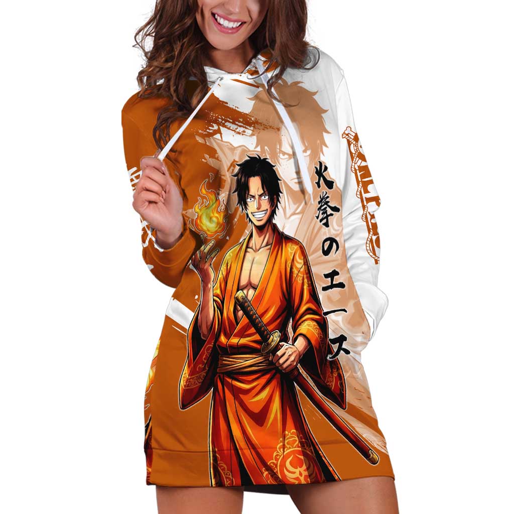 Wano Samurai Portgas D. Ace Hoodie Dress Fiery One Piece Brush Art