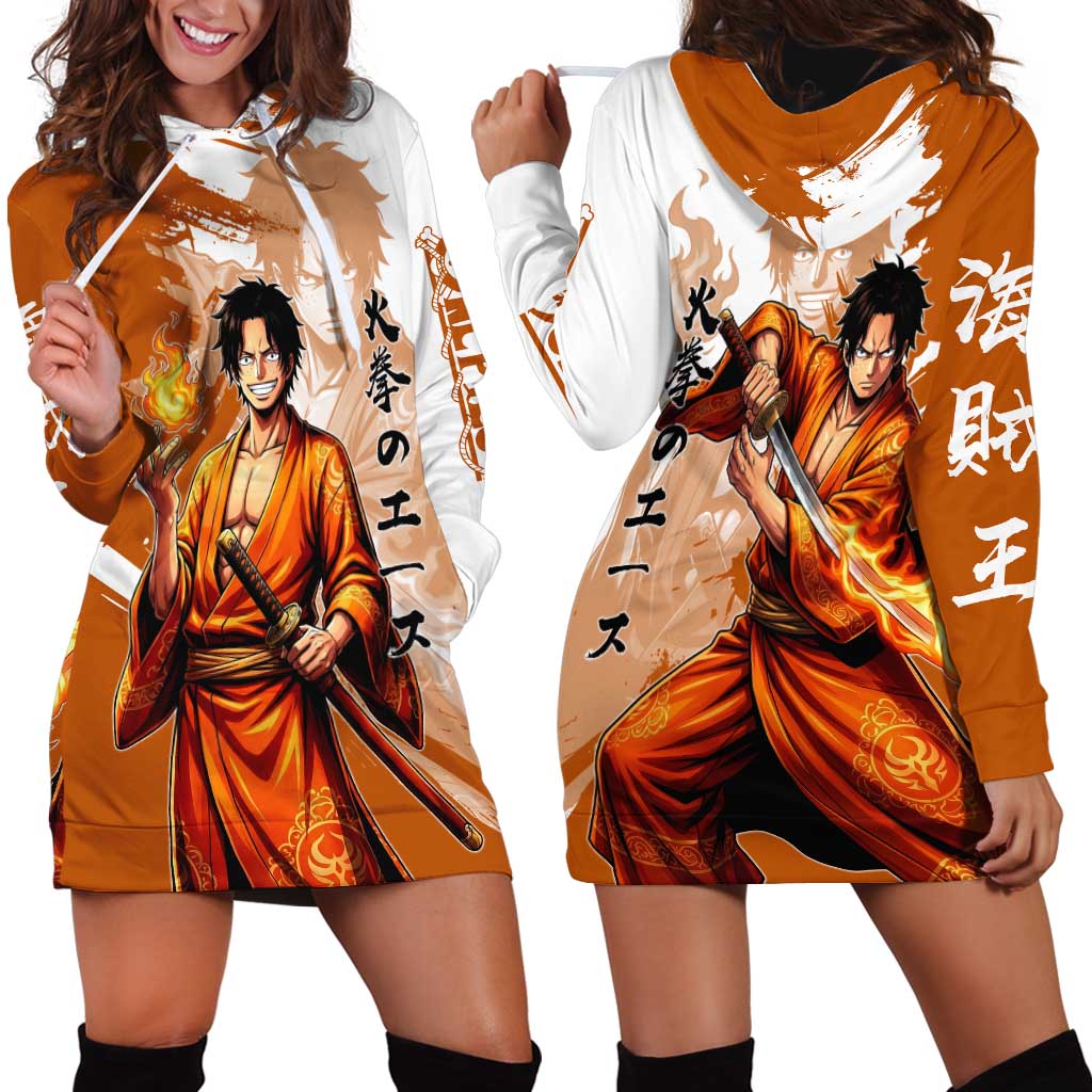 Wano Samurai Portgas D. Ace Hoodie Dress Fiery One Piece Brush Art