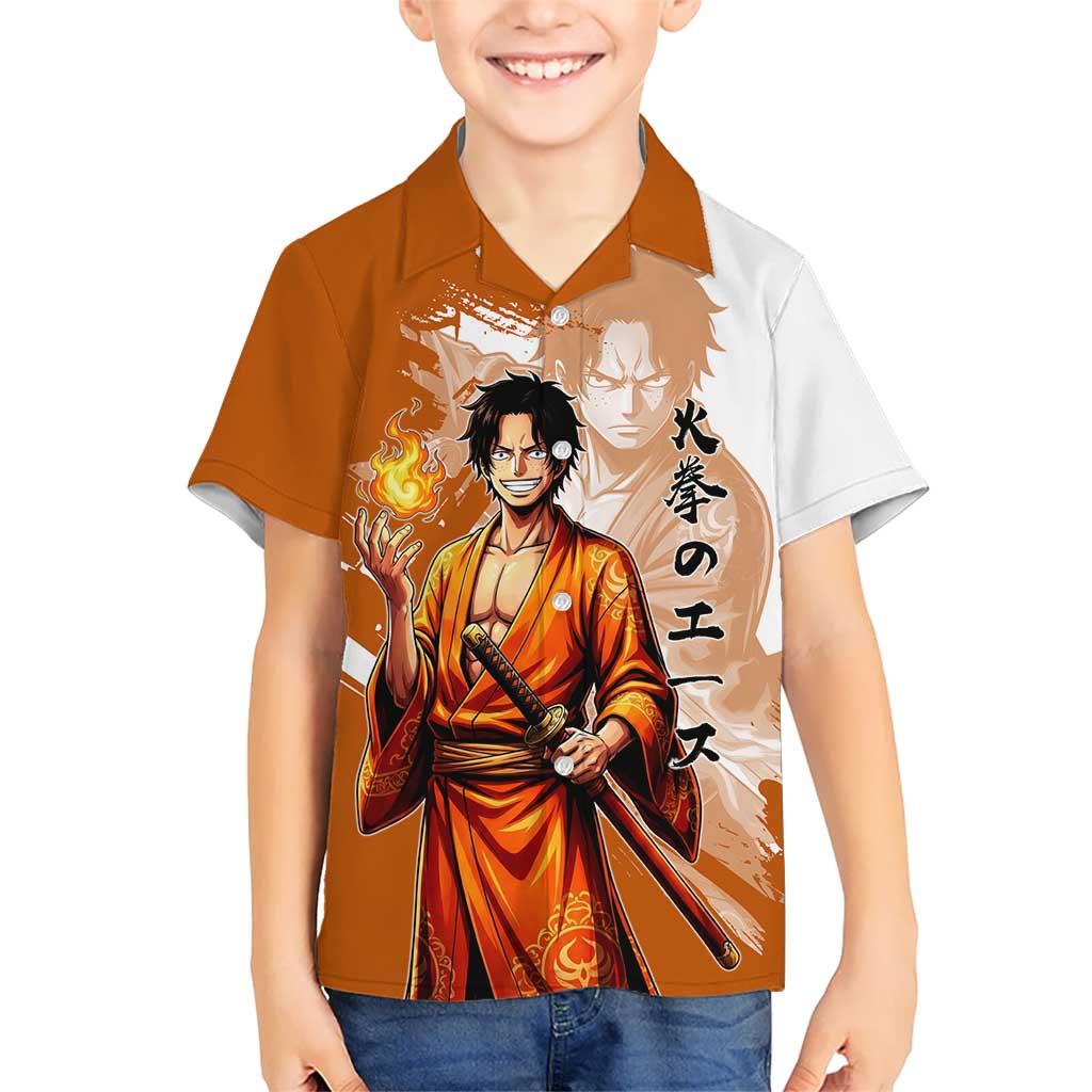 Wano Samurai Portgas D. Ace Kid Hawaiian Shirt Fiery One Piece Brush Art