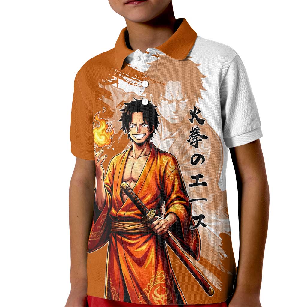 Wano Samurai Portgas D. Ace Kid Polo Shirt Fiery One Piece Brush Art