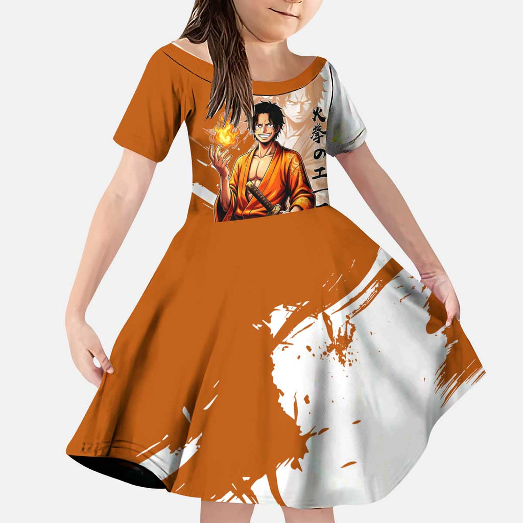 Wano Samurai Portgas D. Ace Kid Short Sleeve Dress Fiery One Piece Brush Art