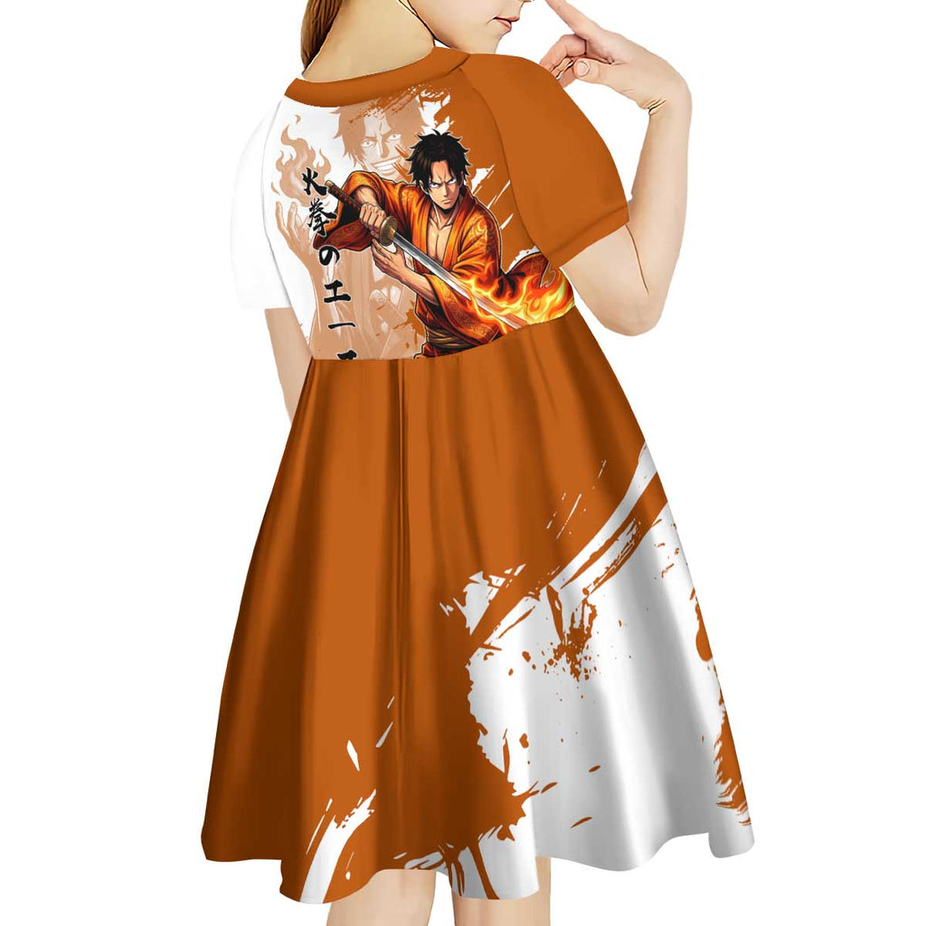 Wano Samurai Portgas D. Ace Kid Short Sleeve Dress Fiery One Piece Brush Art