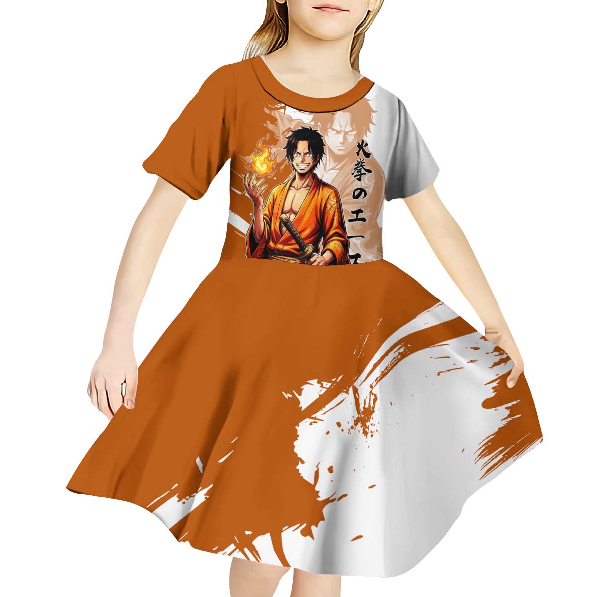 Wano Samurai Portgas D. Ace Kid Short Sleeve Dress Fiery One Piece Brush Art