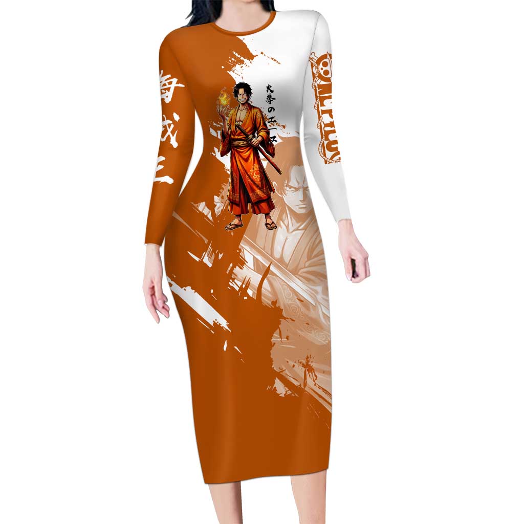 Wano Samurai Portgas D. Ace Long Sleeve Bodycon Dress Fiery One Piece Brush Art