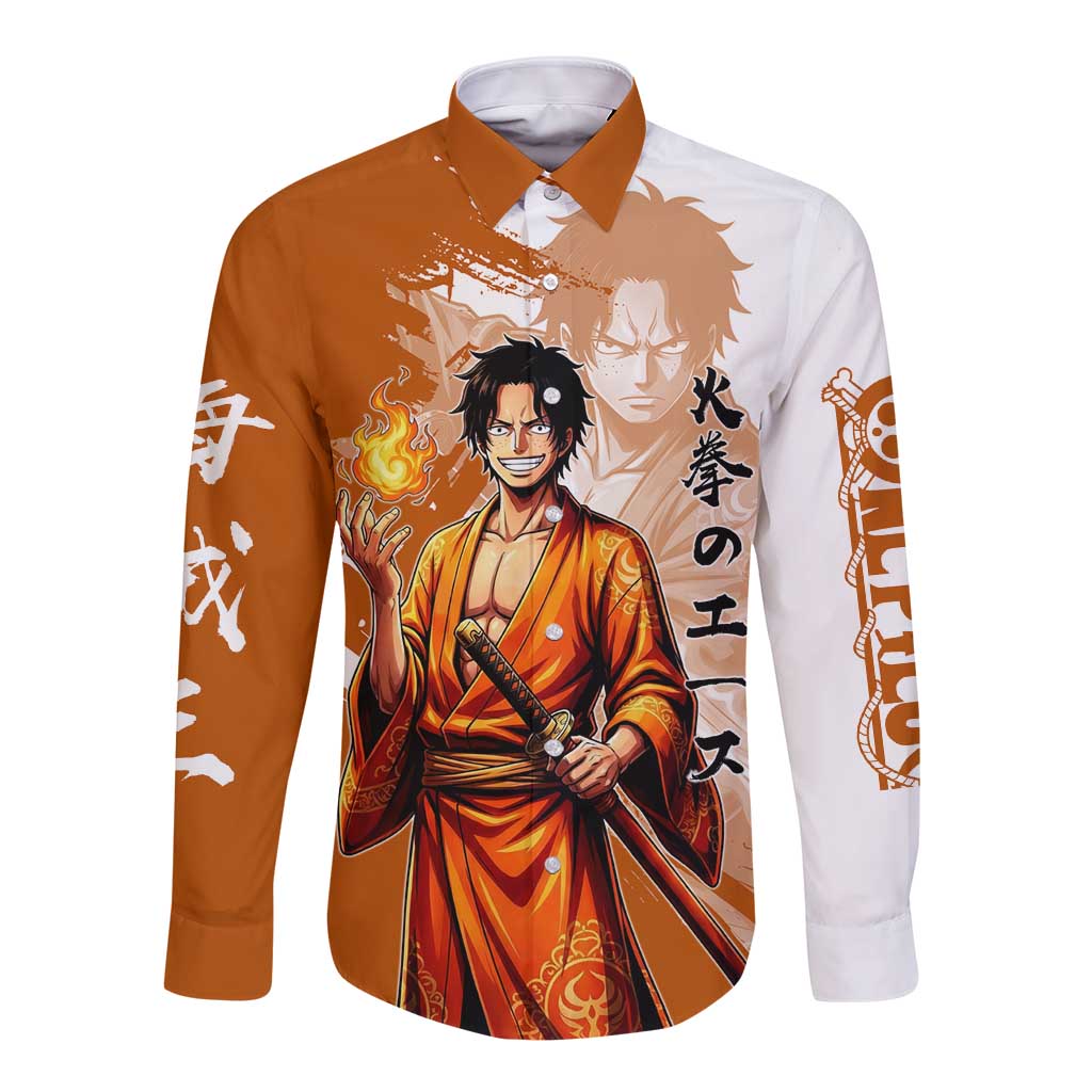 Wano Samurai Portgas D. Ace Long Sleeve Button Shirt Fiery One Piece Brush Art