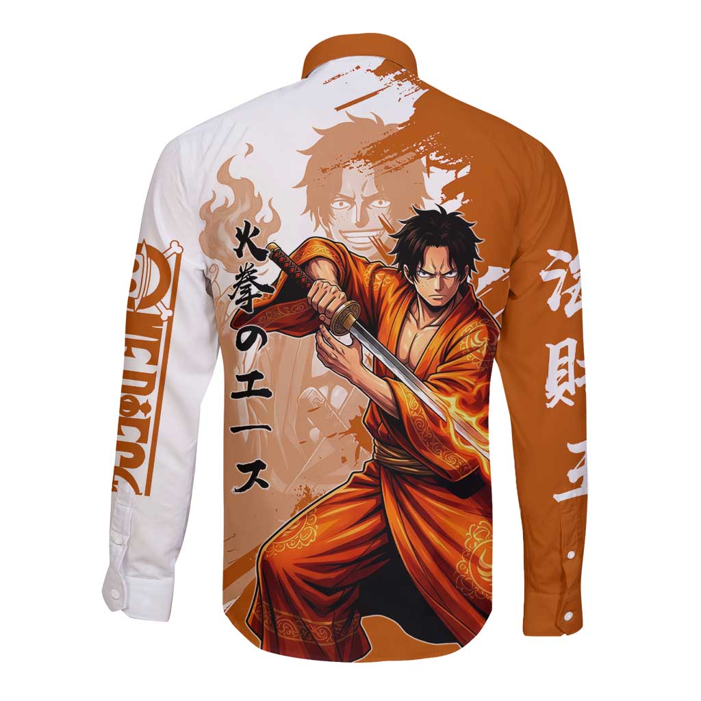 Wano Samurai Portgas D. Ace Long Sleeve Button Shirt Fiery One Piece Brush Art