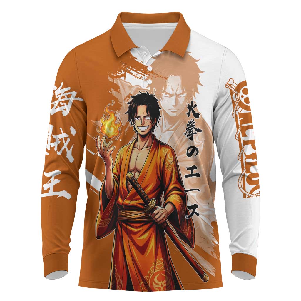 Wano Samurai Portgas D. Ace Long Sleeve Polo Shirt Fiery One Piece Brush Art