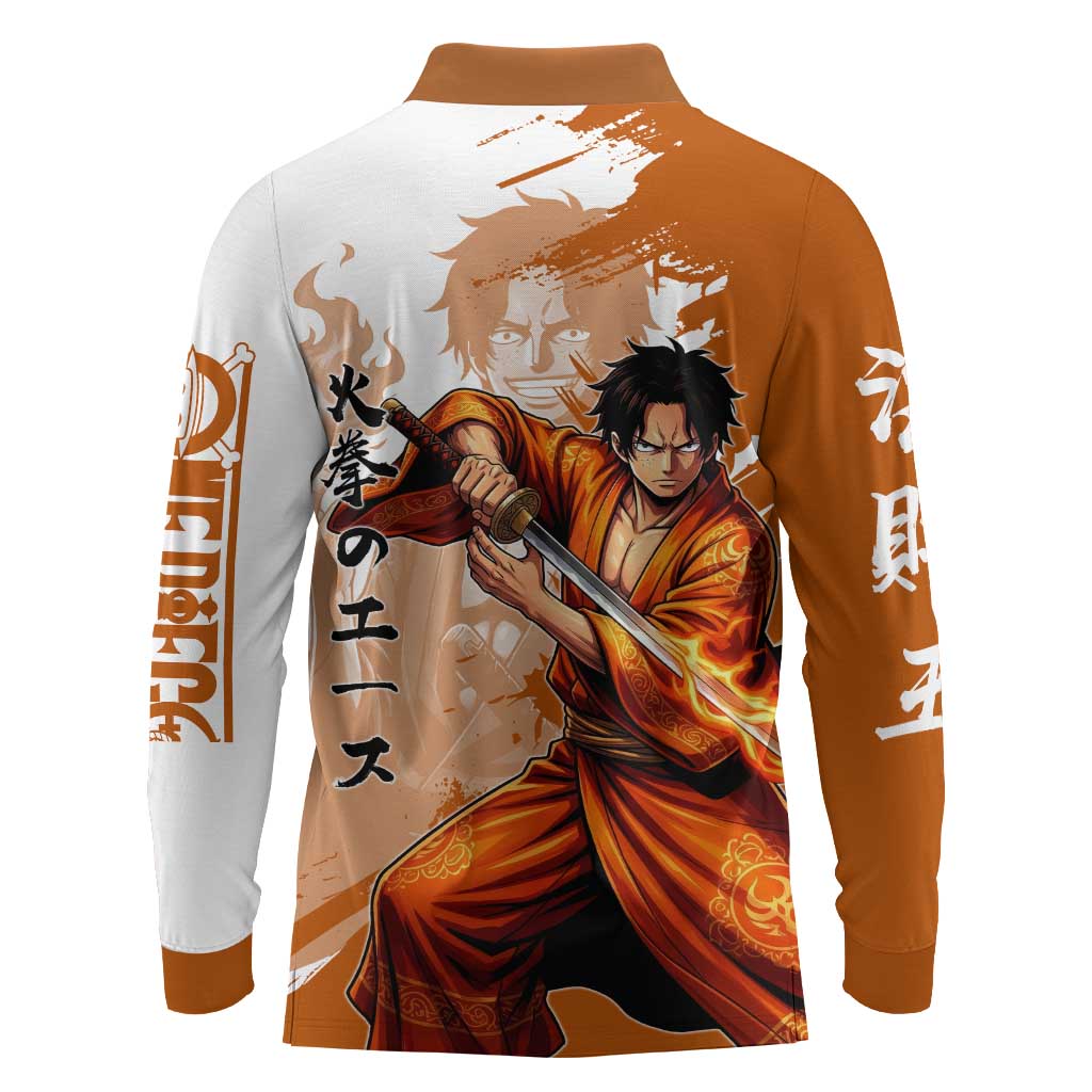 Wano Samurai Portgas D. Ace Long Sleeve Polo Shirt Fiery One Piece Brush Art