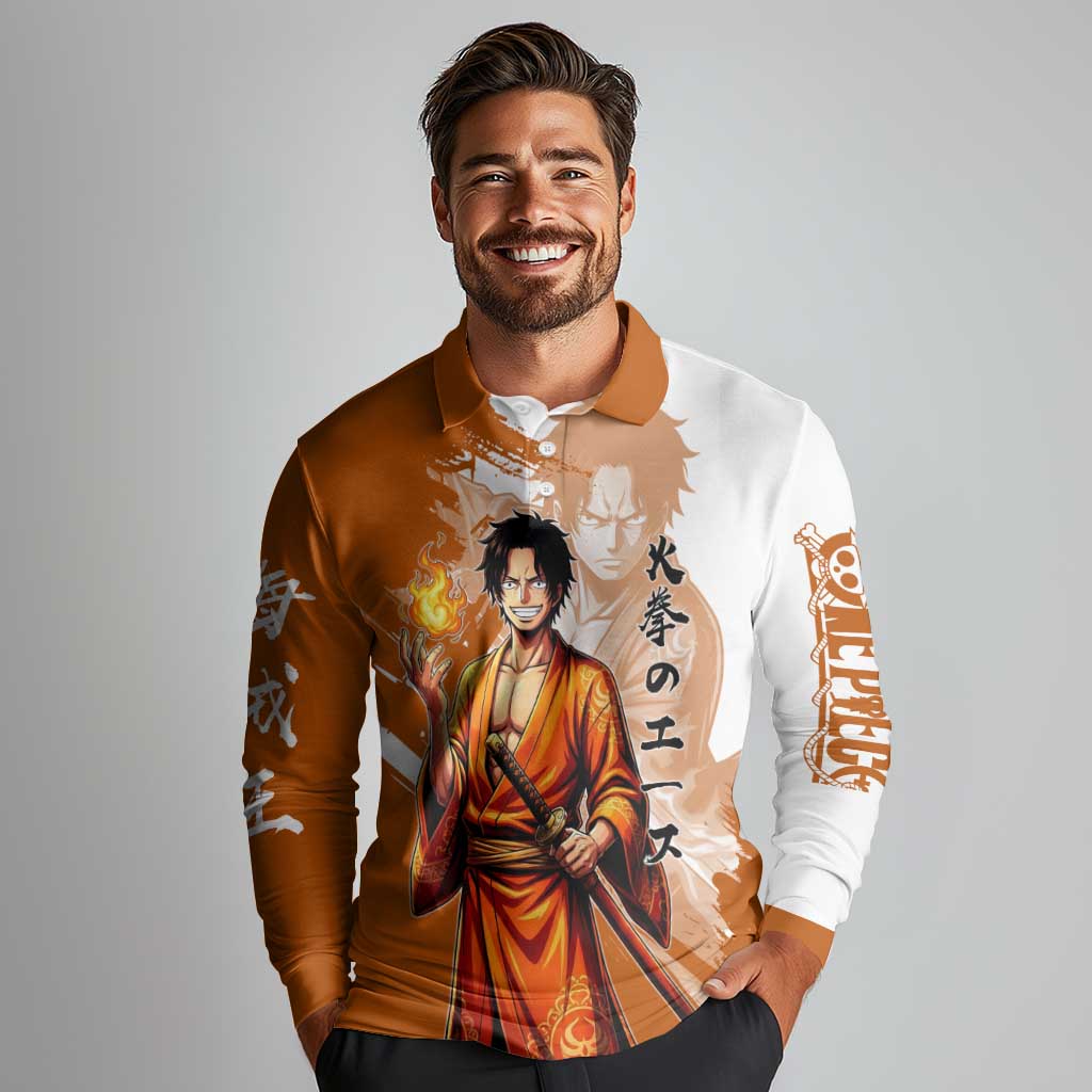 Wano Samurai Portgas D. Ace Long Sleeve Polo Shirt Fiery One Piece Brush Art