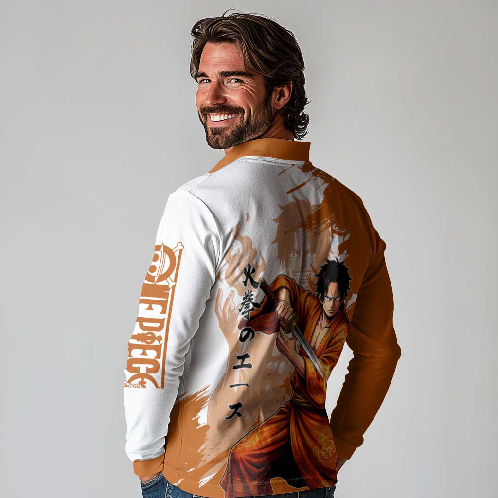Wano Samurai Portgas D. Ace Long Sleeve Polo Shirt Fiery One Piece Brush Art
