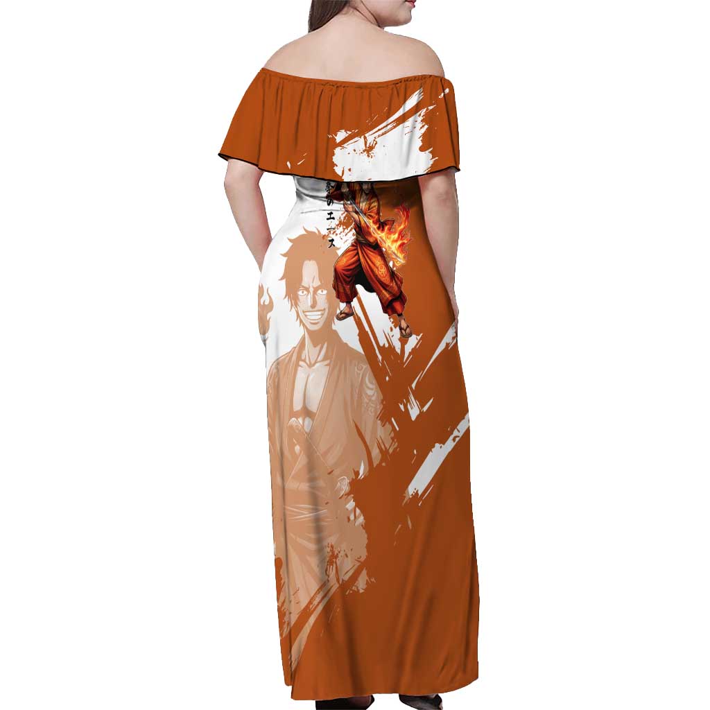 Wano Samurai Portgas D. Ace Off Shoulder Maxi Dress Fiery One Piece Brush Art