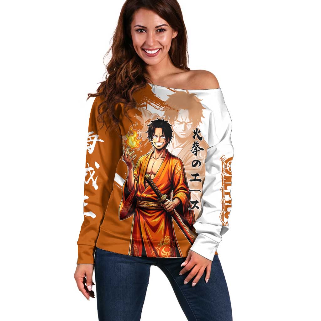 Wano Samurai Portgas D. Ace Off Shoulder Sweater Fiery One Piece Brush Art