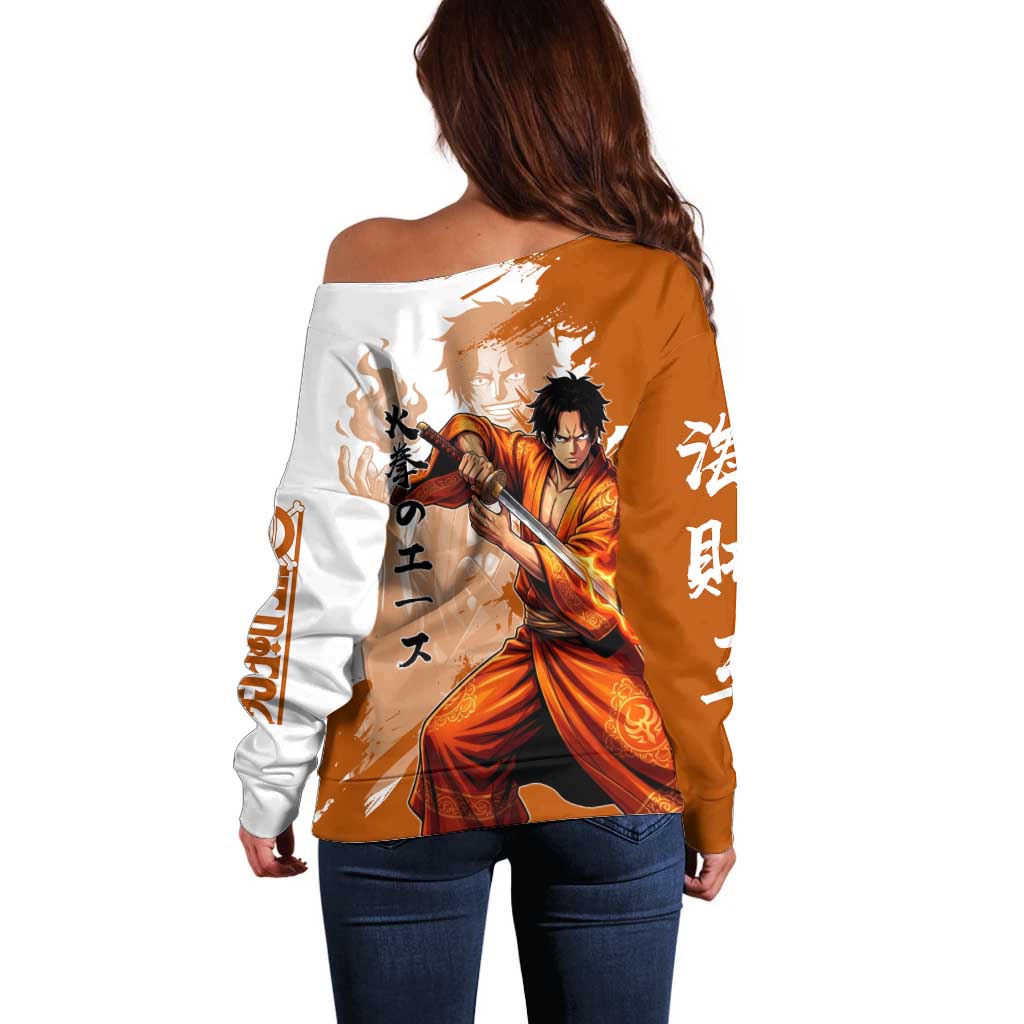 Wano Samurai Portgas D. Ace Off Shoulder Sweater Fiery One Piece Brush Art