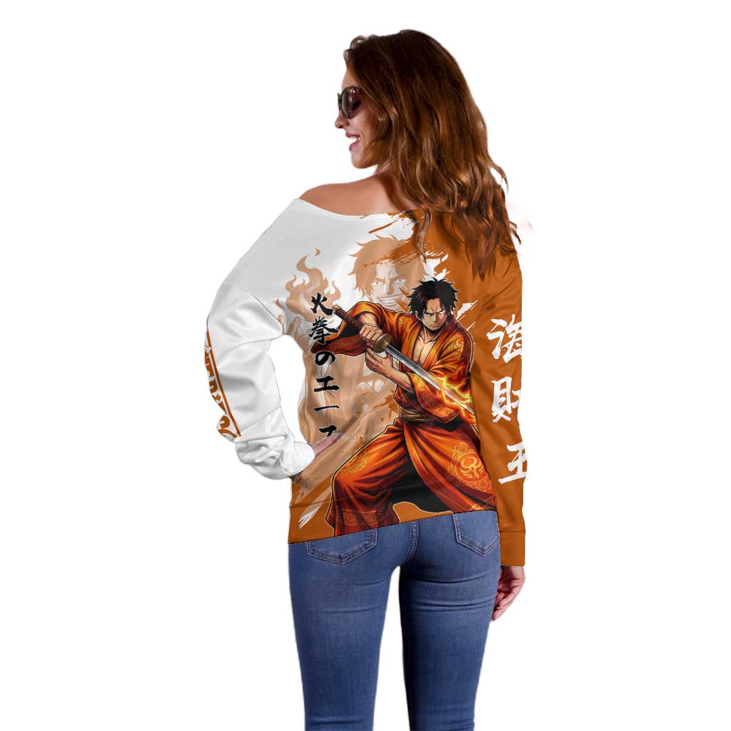 Wano Samurai Portgas D. Ace Off Shoulder Sweater Fiery One Piece Brush Art