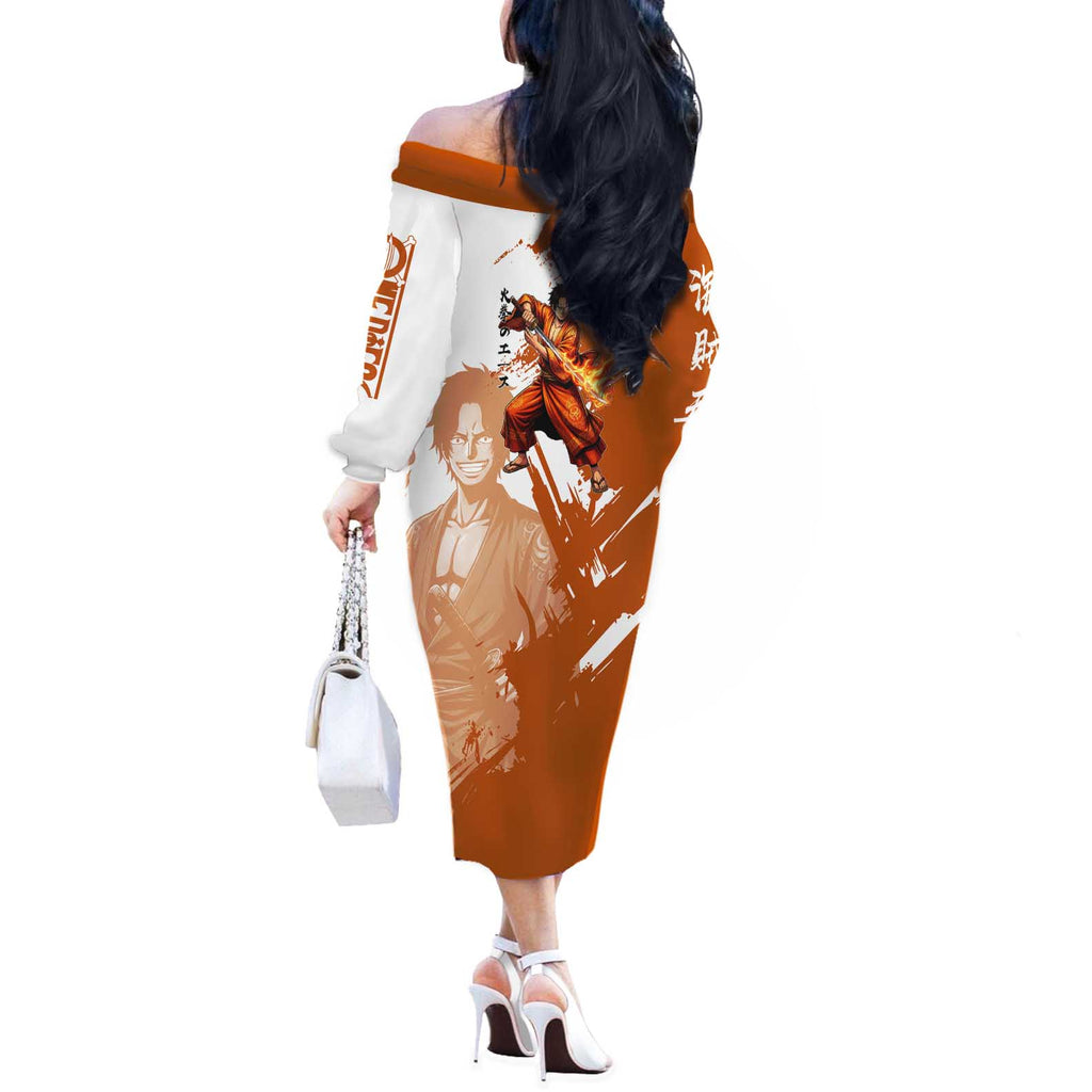 Wano Samurai Portgas D. Ace Off The Shoulder Long Sleeve Dress Fiery One Piece Brush Art