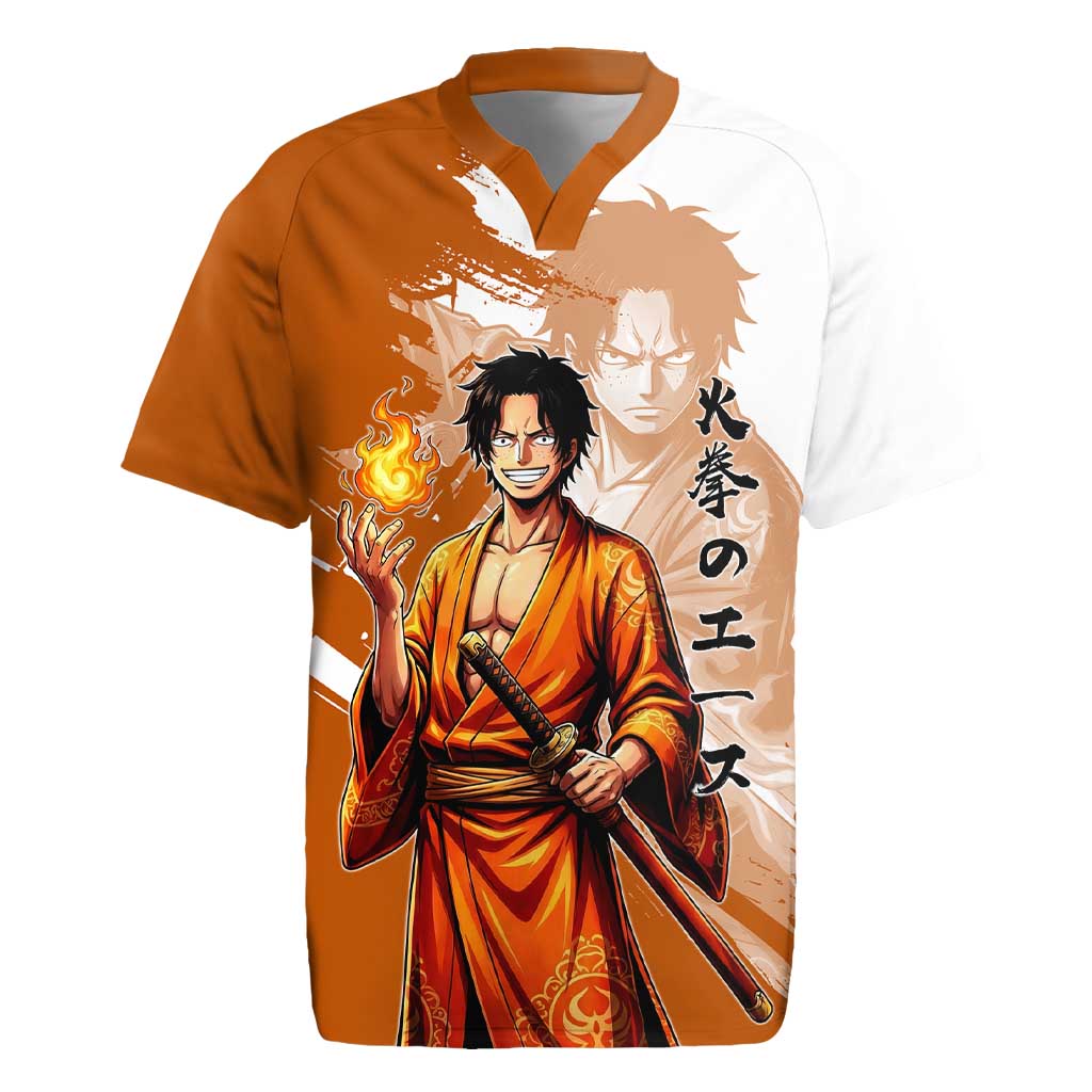 Wano Samurai Portgas D. Ace Rugby Jersey Fiery One Piece Brush Art