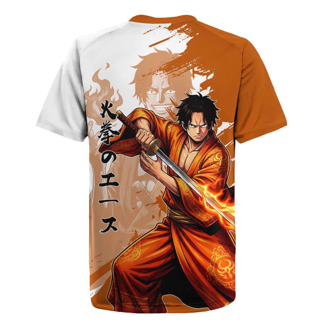 Wano Samurai Portgas D. Ace Rugby Jersey Fiery One Piece Brush Art