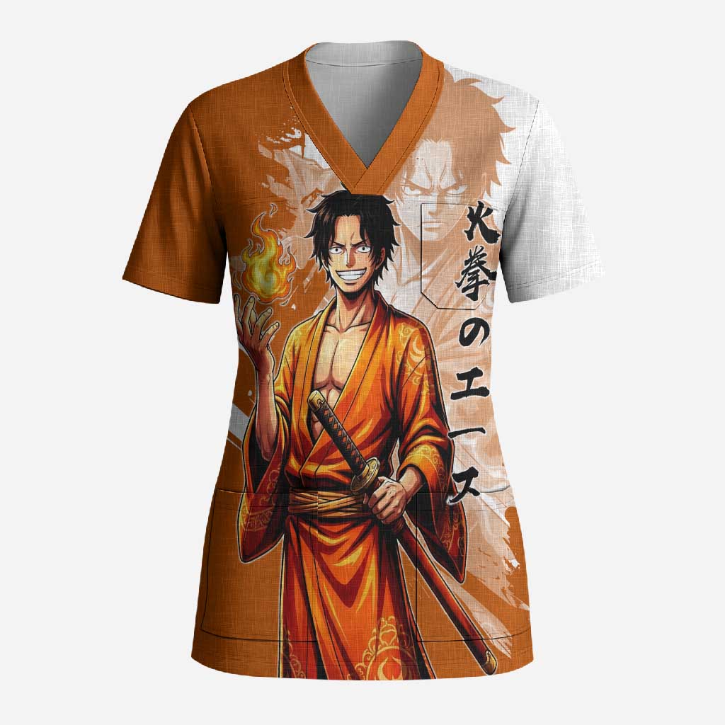 Wano Samurai Portgas D. Ace Scrub Top Fiery One Piece Brush Art