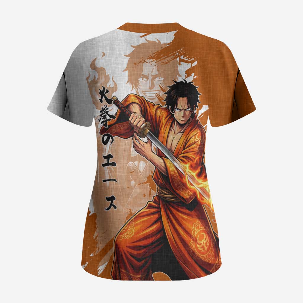 Wano Samurai Portgas D. Ace Scrub Top Fiery One Piece Brush Art