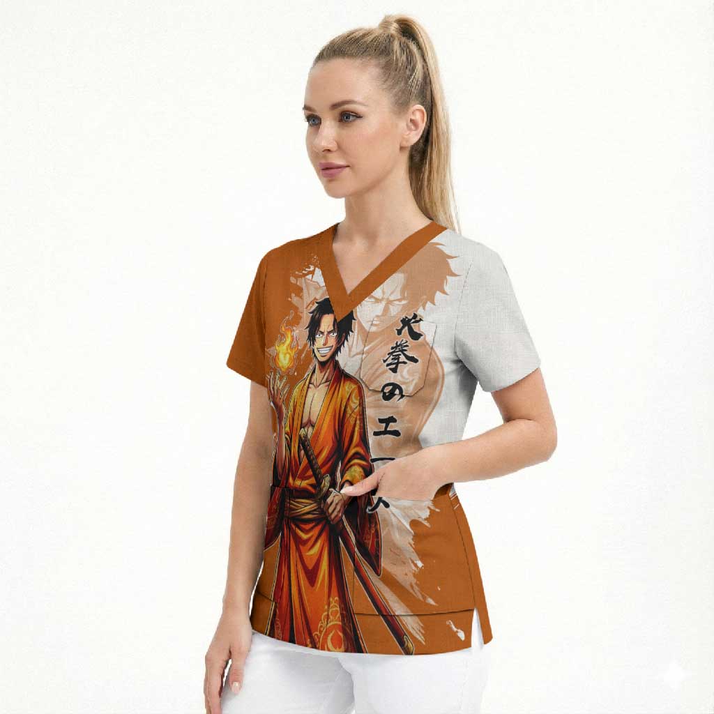 Wano Samurai Portgas D. Ace Scrub Top Fiery One Piece Brush Art