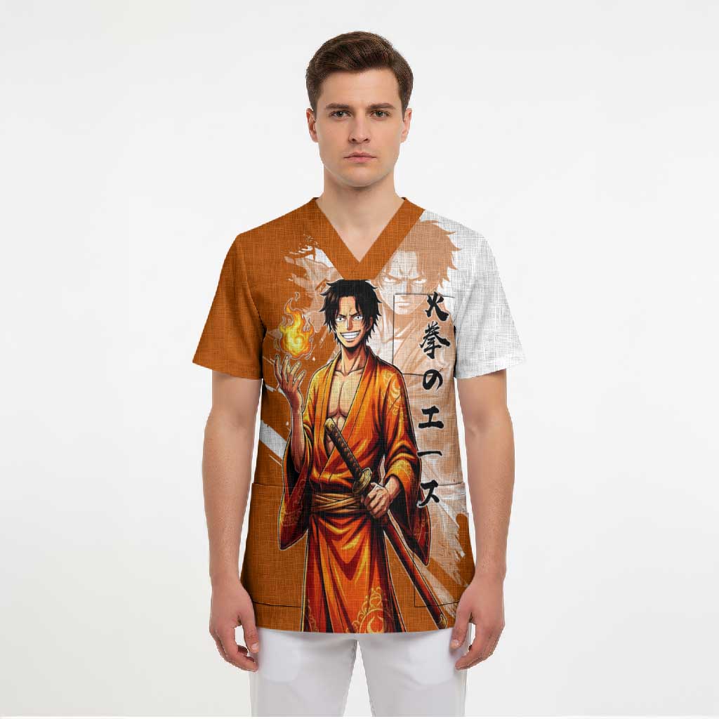 Wano Samurai Portgas D. Ace Scrub Top Fiery One Piece Brush Art