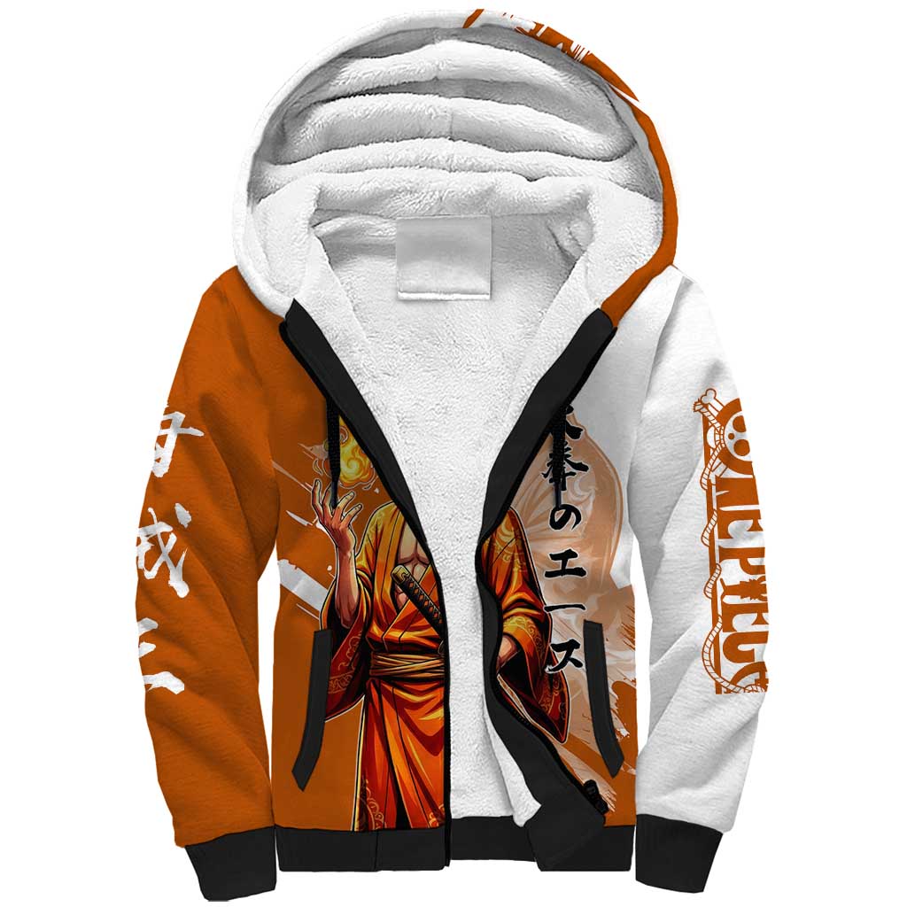 Wano Samurai Portgas D. Ace Sherpa Hoodie Fiery One Piece Brush Art