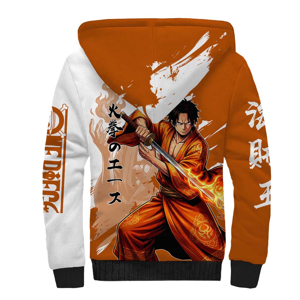 Wano Samurai Portgas D. Ace Sherpa Hoodie Fiery One Piece Brush Art