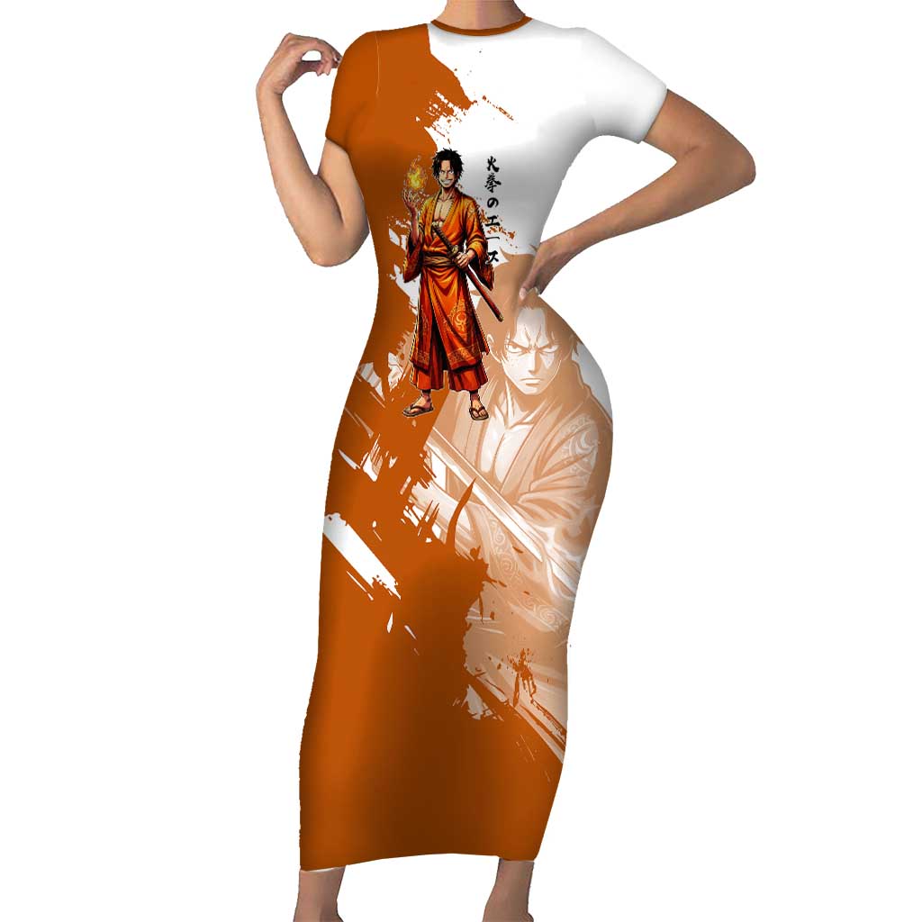 Wano Samurai Portgas D. Ace Short Sleeve Bodycon Dress Fiery One Piece Brush Art