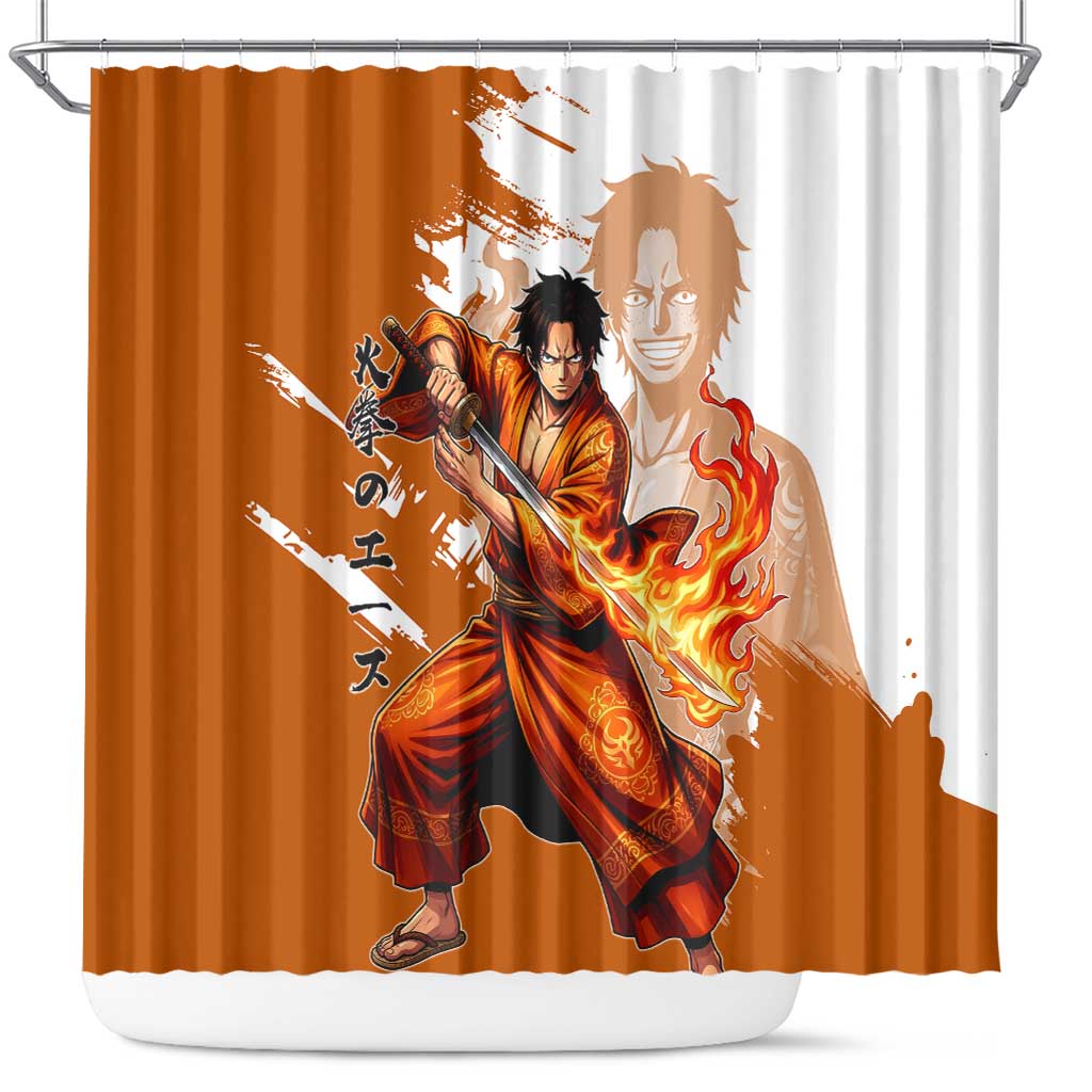 Wano Samurai Portgas D. Ace Shower Curtain Fiery One Piece Brush Art