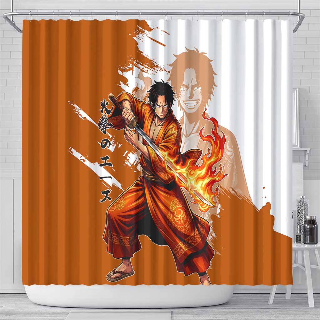 Wano Samurai Portgas D. Ace Shower Curtain Fiery One Piece Brush Art