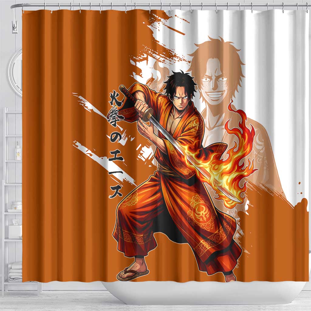 Wano Samurai Portgas D. Ace Shower Curtain Fiery One Piece Brush Art