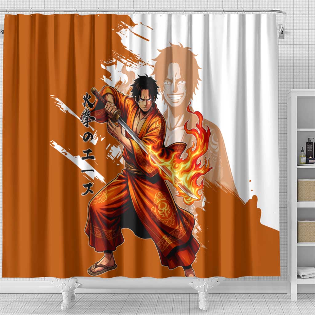 Wano Samurai Portgas D. Ace Shower Curtain Fiery One Piece Brush Art