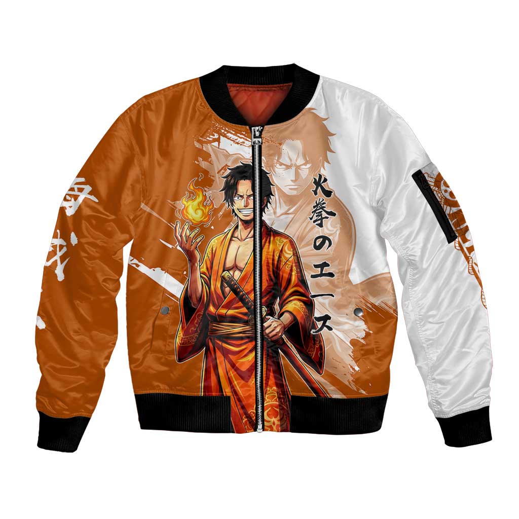 Wano Samurai Portgas D. Ace Sleeve Zip Bomber Jacket Fiery One Piece Brush Art