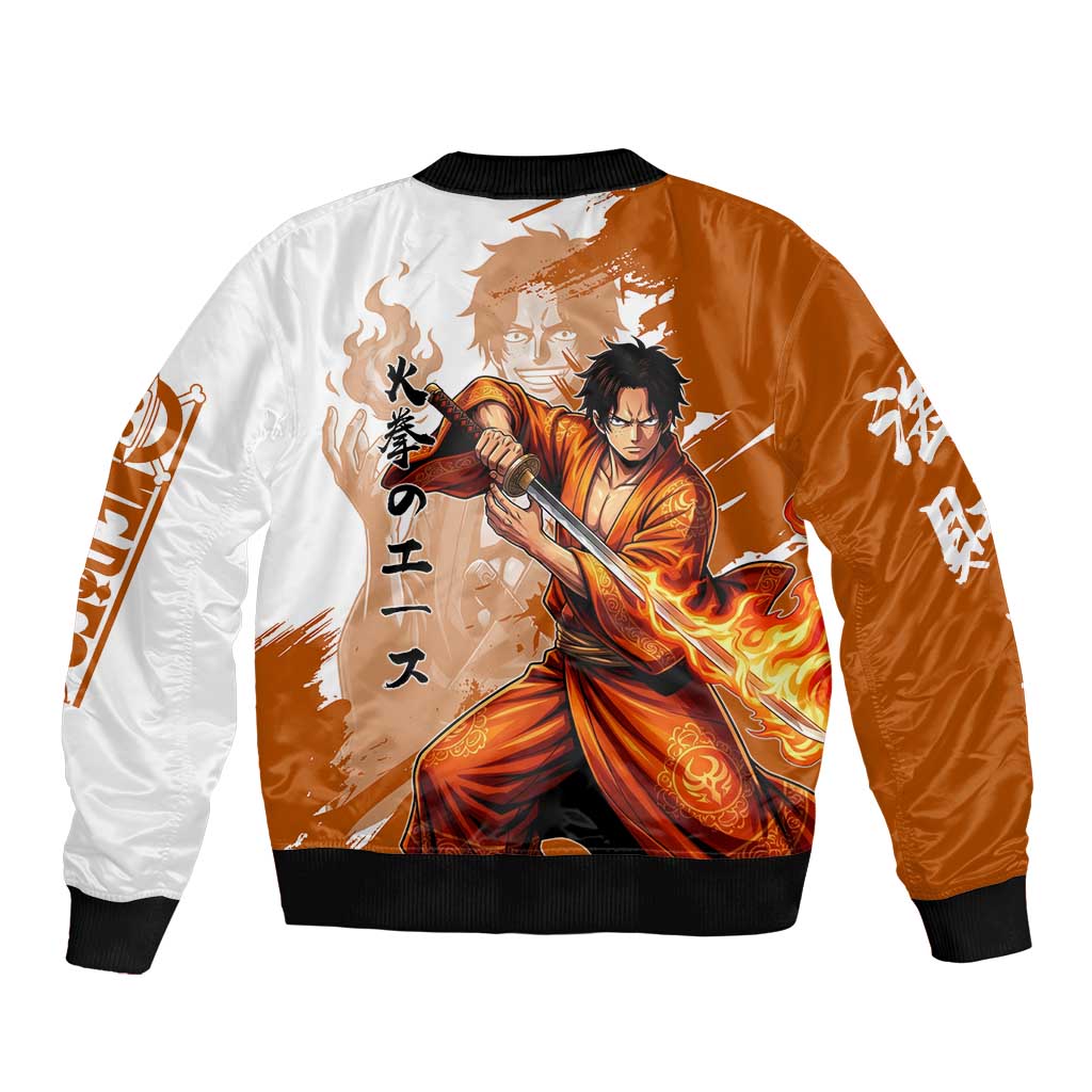 Wano Samurai Portgas D. Ace Sleeve Zip Bomber Jacket Fiery One Piece Brush Art