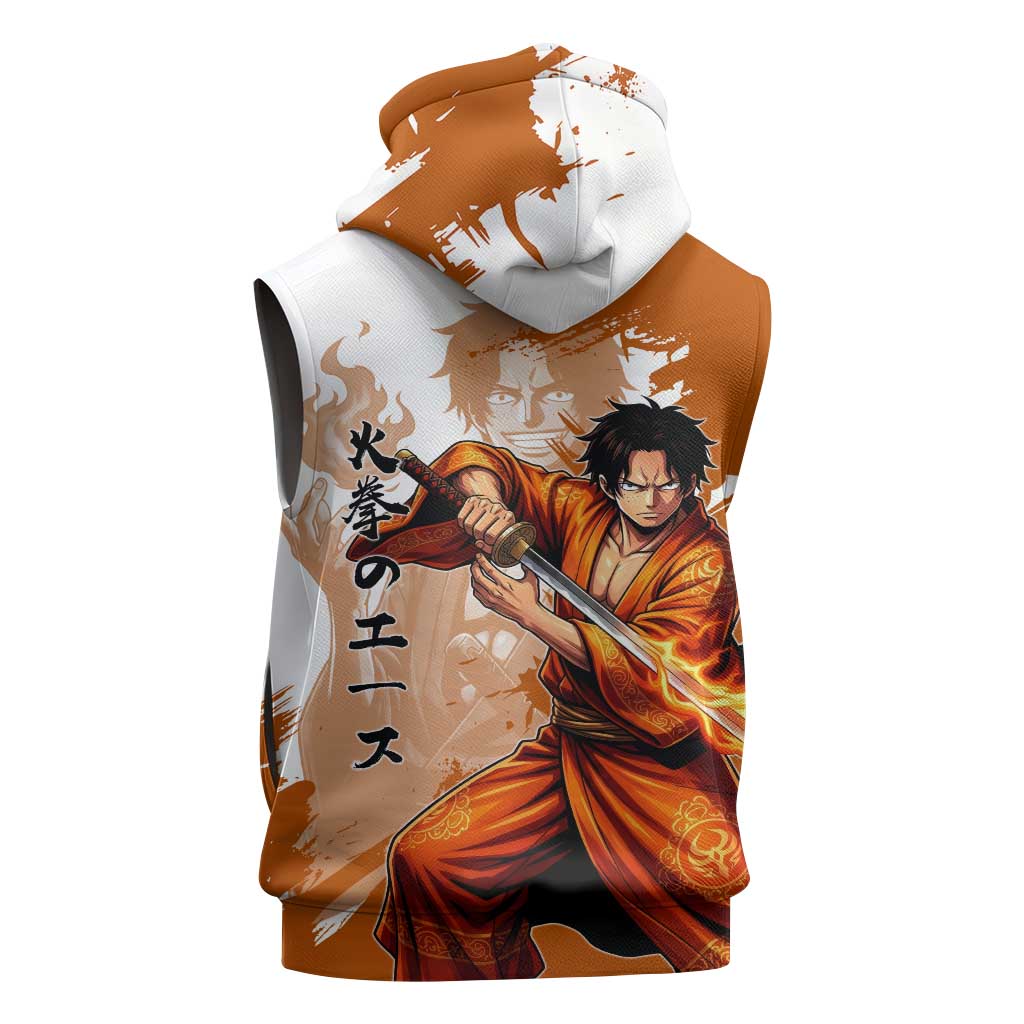 Wano Samurai Portgas D. Ace Sleeveless Hoodie Fiery One Piece Brush Art