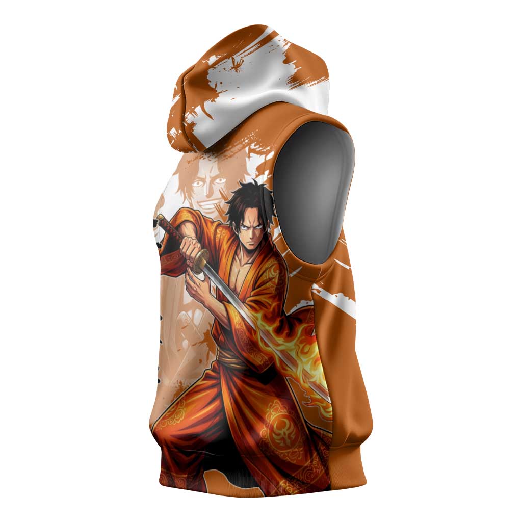 Wano Samurai Portgas D. Ace Sleeveless Hoodie Fiery One Piece Brush Art